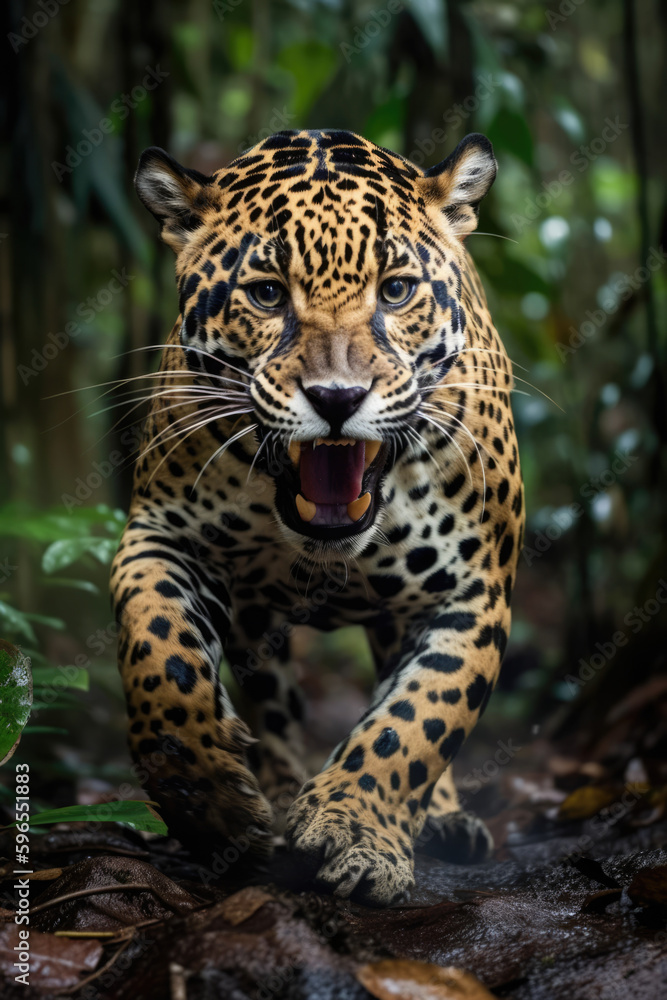 Obraz premium Wild Jaguar panthera roaring aggressively. Jungle forest running generative ai