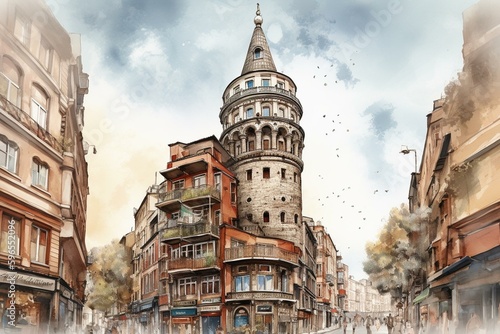 A watercolor artwork of Galata Tower, a notable monument in Istanbul's Beyoğlu district, made during Byzantine era. Generative AI