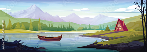 Spring alps mountain panorama view cartoon background. Lonely hut near lake and wooden boat in water beautiful alpine scene. Horizontal mountainscape and hills with ridge peak in Switzerland.