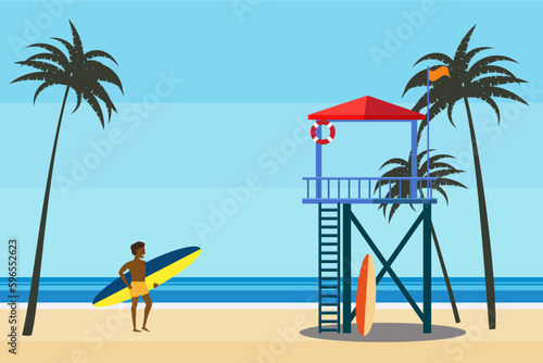 Lifeguard station on the beach palms, surfer, coast ocean, sea. Summer tropical landscape, vector