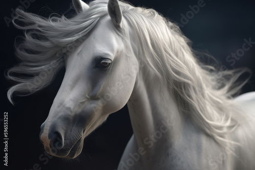 Gorgeous white horse with beautiful flowing mane photorealistic portrait. generative art