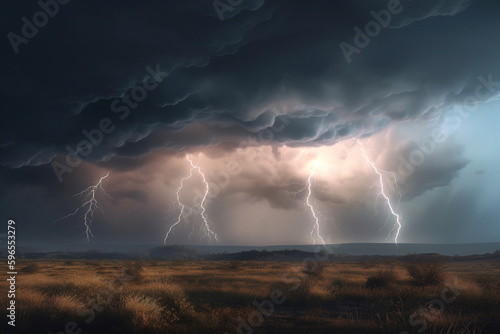 Stormy clouds with lightnings. Dramatic landscape, generative art