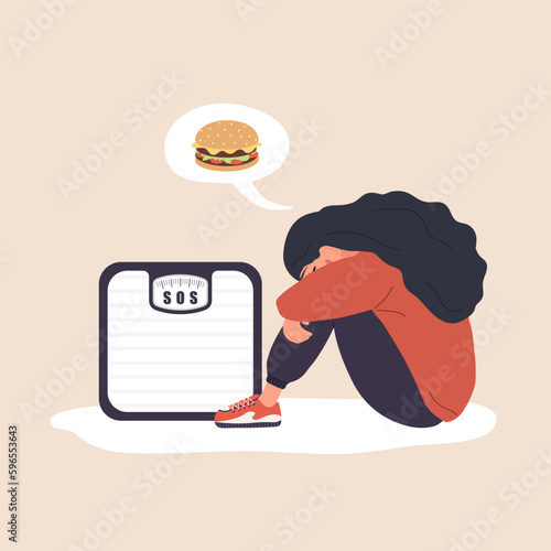 Food addiction concept. Eating disorder. Sad woman sitting on floor and hugging knees. Depressed girl thinking about hamburger. Vector illustration in flat cartoon style.