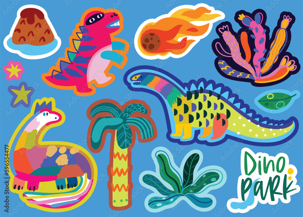 Obraz premium Dino Park. Big bright collection of stickers with dinosaurs, plants, comet and volcano