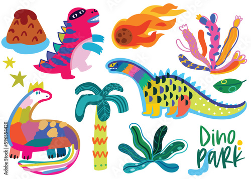 Dino Park. Big bright collection of dinosaurs, plants, comet and volcano