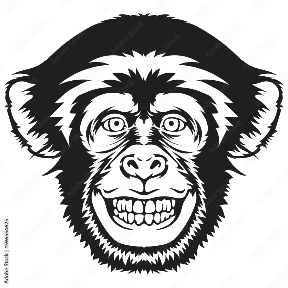 Chimpanzee illustration vector, Smiling chimpanzee head, Black contour on a white background, With teeth out