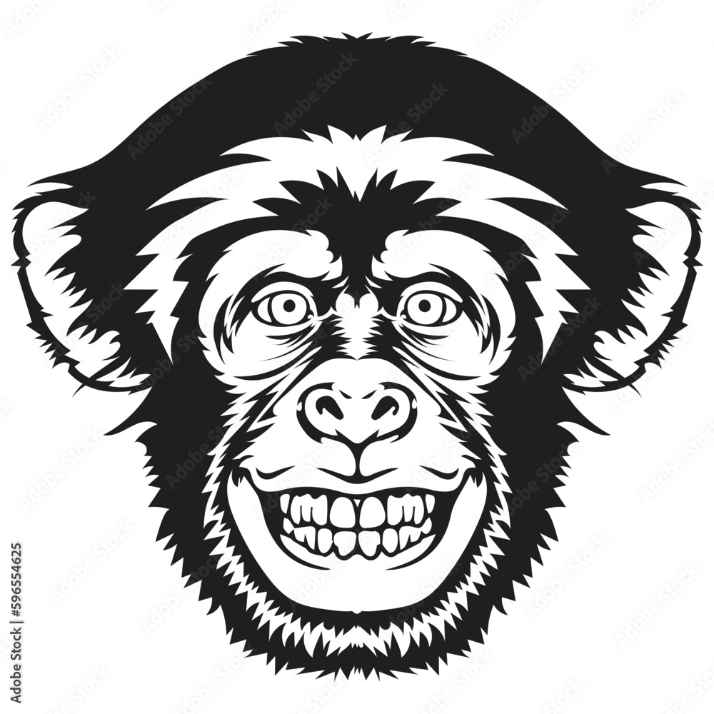 Obraz premium Chimpanzee illustration vector, Smiling chimpanzee head, Black contour on a white background, With teeth out
