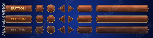 Realistic set of wooden game buttons sprite sheet isolated on background. Vector illustration of wood texture menu frames, progress bars, nameplates, round, hexagonal and arrow icons for gui design