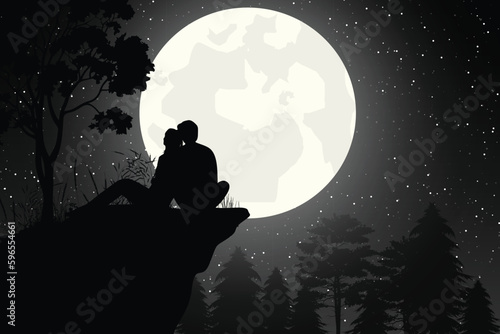 cute couple and moon silhouette