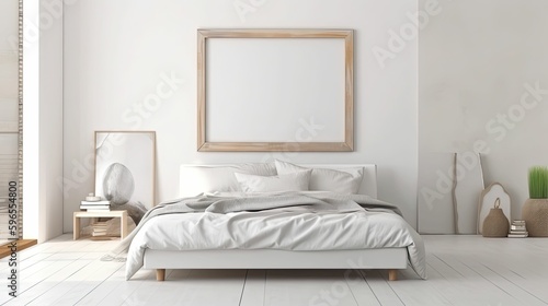 frame mockup in a modern and cozy bedroom interior, Generative AI © Kazia