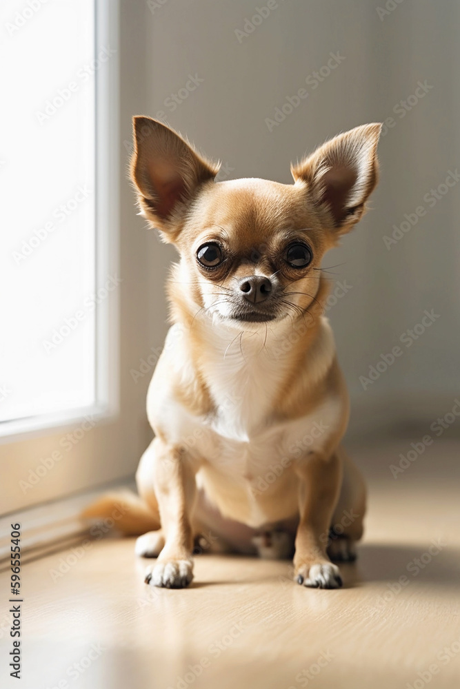 Two funny Chihuahua dogs looking at the camera in home. Adorable pet. Waiting for the over. Dog food. Love for animals