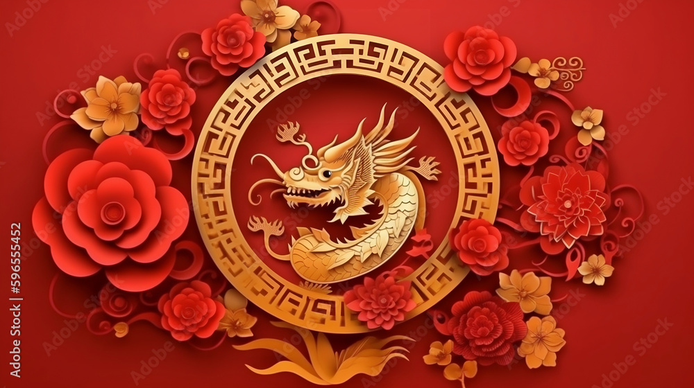 Paper cut style , Happy chinese new year , the dragon zodiac and flower with gold style on color background