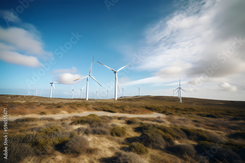 wind turbines against blue sky from low angle  made with generative ai