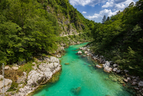 Turquoise colored soça river near Kozjak waterfall in Slovenia © julen
