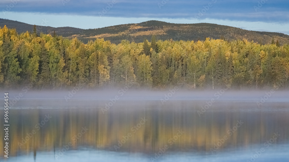 Yukon in Canada, wild landscape in autumn of the Tombstone park, reflection of the trees in a lake at sunrise
