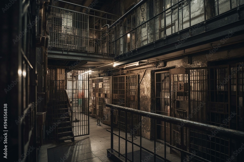 Image of secure confinement featuring prison cells and bars. Generative AI
