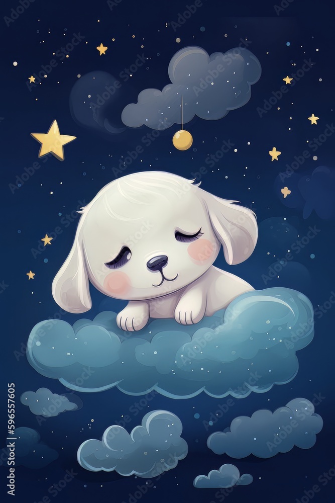 Puppy sleeping on a cloud on a starry night Puppy sleeping on a cloud on a starry night