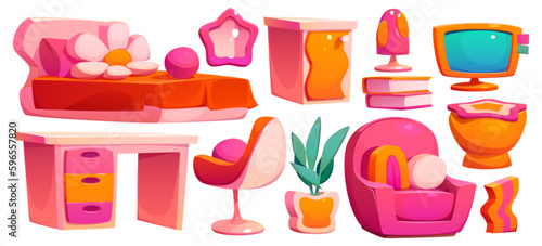 Cartoon set of girls bedroom furniture and decor for interior design isolated on white background. Vector illustration of groovy pink armchair, desktop computer, lamp and books, flower pot, mirror