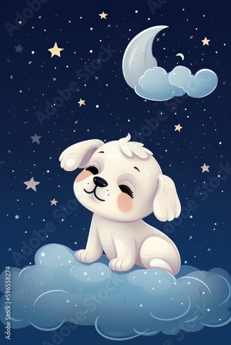Puppy sleeping on a cloud on a starry night
