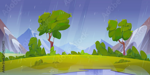 Summer rainy mountain valley landscape illustration cartoon vector illustration. Beautiful and wild nature scenery environment with falling rain drops. Wet weather with puddle on green grass