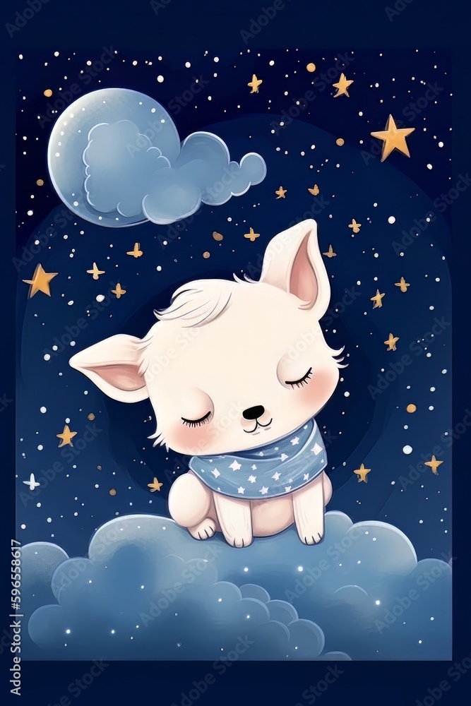 Puppy sleeping on a cloud on a starry night