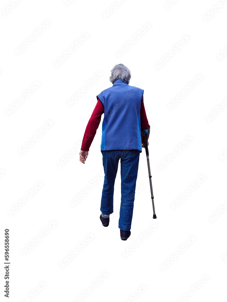 Femme âgée vue de dos, elle marche avec une canne, c'est l'automne, elle à les cheveux gris, fond transparent Femme âgée vue de dos, elle marche avec une canne, c'est l'automne, elle à les cheveux gris, fond transparent