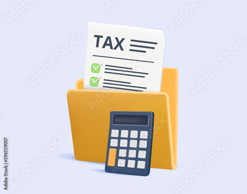 3D tax paying icon with folder and calculator 3d vector illustration. Isometric business icon, financial impact or accounting app. 3D render vector