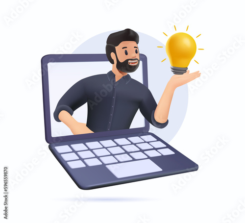 3D character Inspiration idea to inspire or motivate people to success, business innovation or creativity, solution or invention concept. Vector illustration man hold light bulb. 3D render vector.