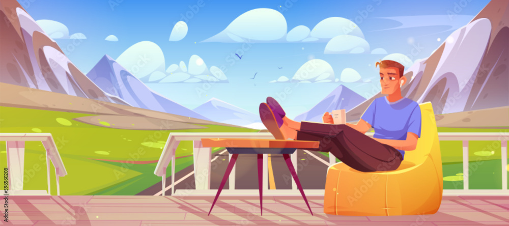Man sitting on terrace with road and mountain view. Summer illustrated horizon with green grass meadows and mountains. Armchair on house terrace for morning coffee mug and relax with earphones music