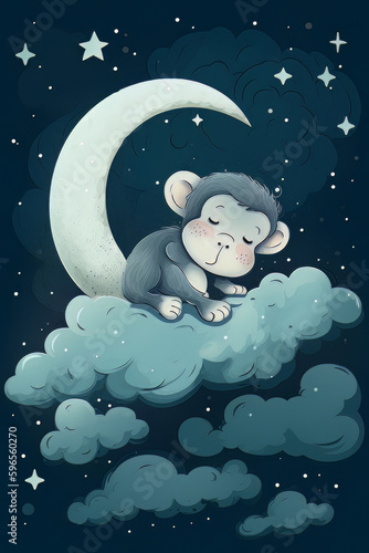 Monkey sleeping on a cloud on a starry night