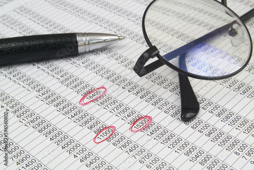 Business analysis concept. Black glasses with pen on papers with financial data and red marks.