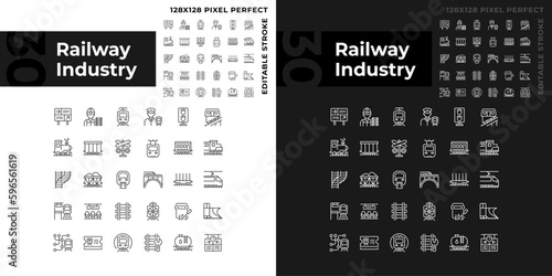 Railway industry pixel perfect linear icons set for dark, light mode. Railroad company. Rail transport. Train station. Thin line symbols for night, day theme. Isolated illustrations. Editable stroke