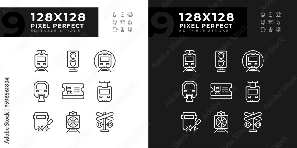Railroad company pixel perfect linear icons set for dark, light mode ...