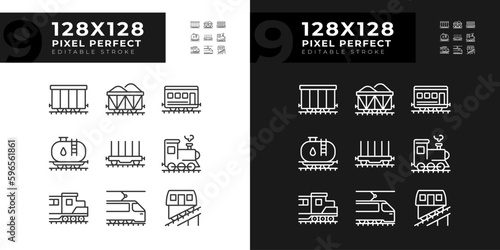 Railway logistics pixel perfect linear icons set for dark, light mode. Rail freight transport. Railroad track. Thin line symbols for night, day theme. Isolated illustrations. Editable stroke
