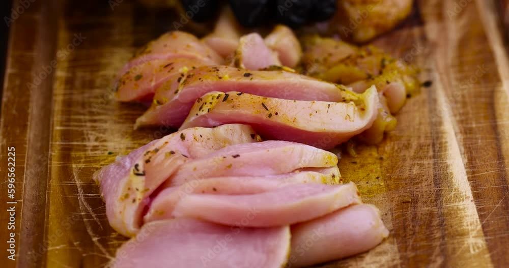 Sliced raw chicken fillet with spices, pickled chicken meat for better flavor and taste