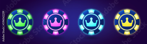 Neon poker game chips with crown light vector. Isolated 3d led chips icon in green, pink, blue and yellow set for Vegas online app. Vip gambling currency token wealth for blackjack digital design