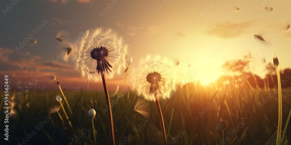 Sommerwiese mit Pusteblumen im Sonnenuntergang, generative AI - obrazy, fototapety, plakaty 