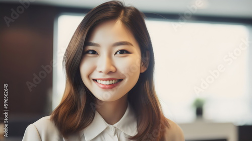 portrait of young asian business woman at work wearing light suit  smiling to camera in office  made with generative ai