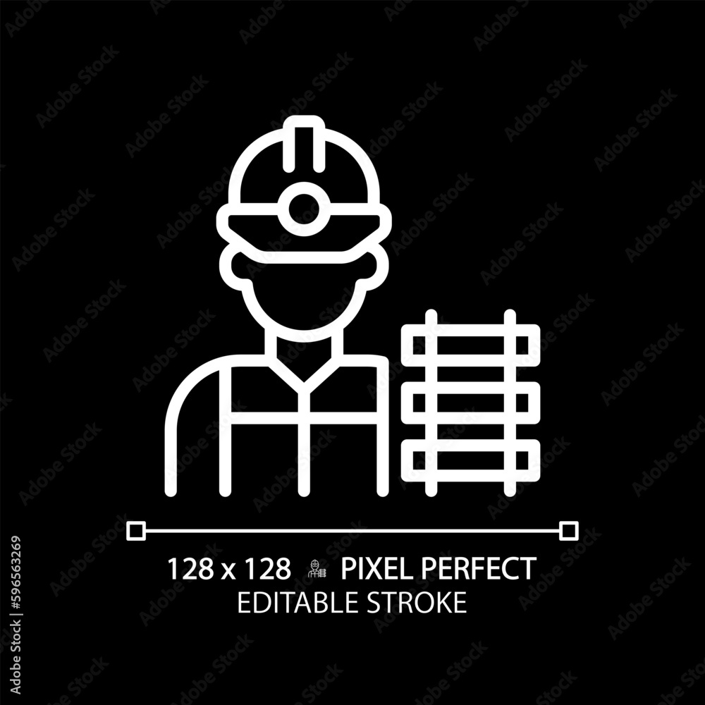 Railway worker pixel perfect white linear icon for dark theme. Railroad labor. Train track. Rail maintenance. Civil engineering. Thin line illustration. Isolated symbol for night mode. Editable stroke Railway worker pixel perfect white linear icon for dark theme. Railroad labor. Train track. Rail maintenance. Civil engineering. Thin line illustration. Isolated symbol for night mode. Editable stroke
