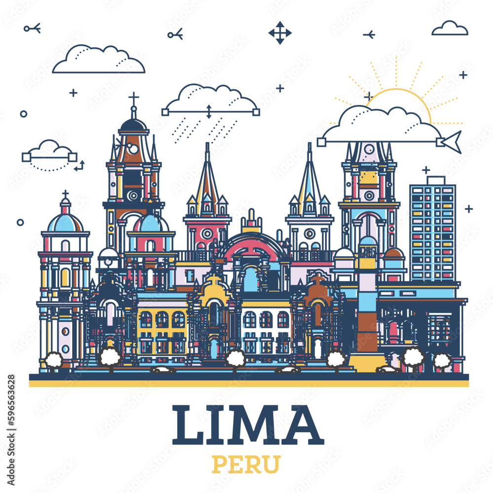 Outline Lima Peru City Skyline with Colored Historic Buildings Isolated on White. Lima Cityscape with Landmarks.