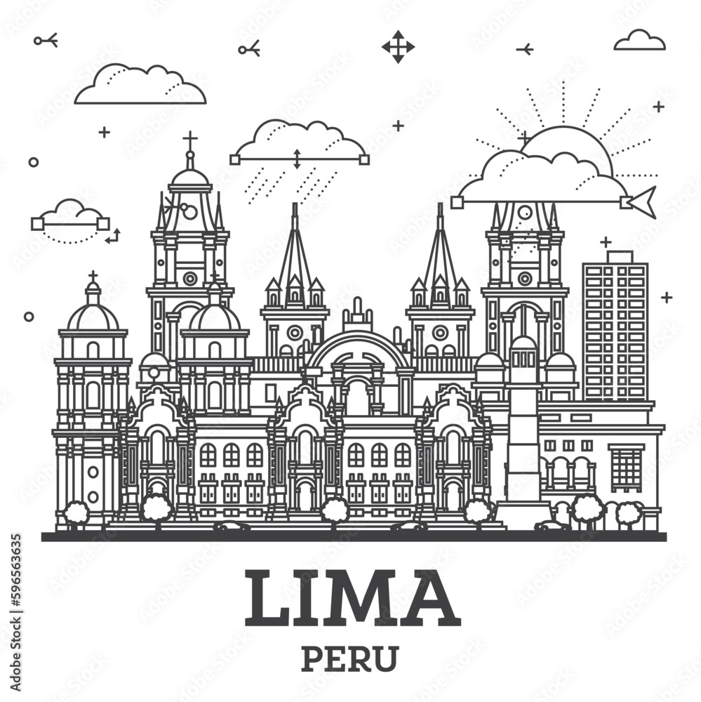 Outline Lima Peru City Skyline with Modern and Historic Buildings Isolated on White. Lima Cityscape with Landmarks.