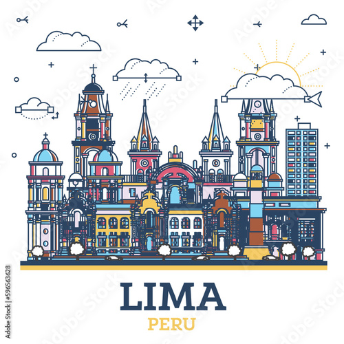 Outline Lima Peru City Skyline with Colored Historic Buildings Isolated on White. Lima Cityscape with Landmarks.