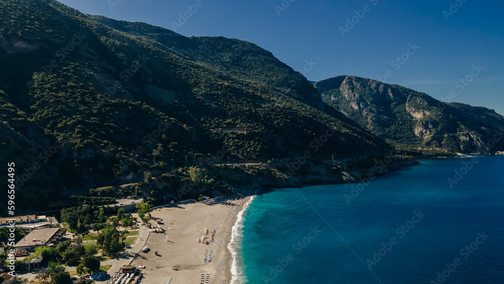 Oludeniz bird's eye view, Fethiye, Turkey: view of the beach and the sea from the air