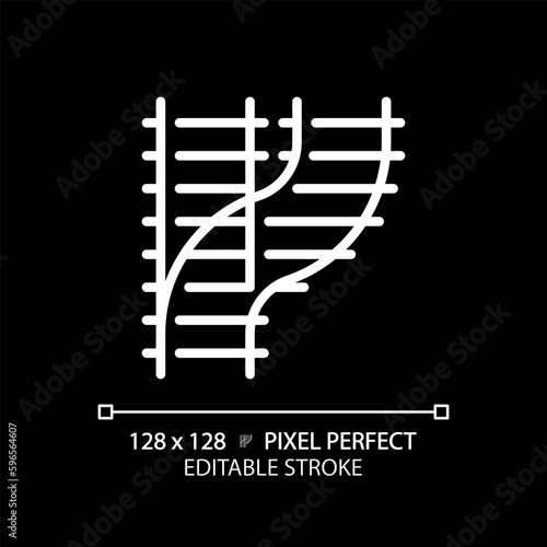Railroad switch pixel perfect white linear icon for dark theme. Rail turnout. Railway junction. Train crossroad. Thin line illustration. Isolated symbol for night mode. Editable stroke