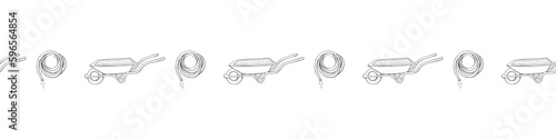 Edging, ribbon, border with outline garden wheelbarrow, rolled hose for irrigation. Gardening equipment. Simple doodle ornament, decorative element, divider on topic of gardening, farming, agriculture