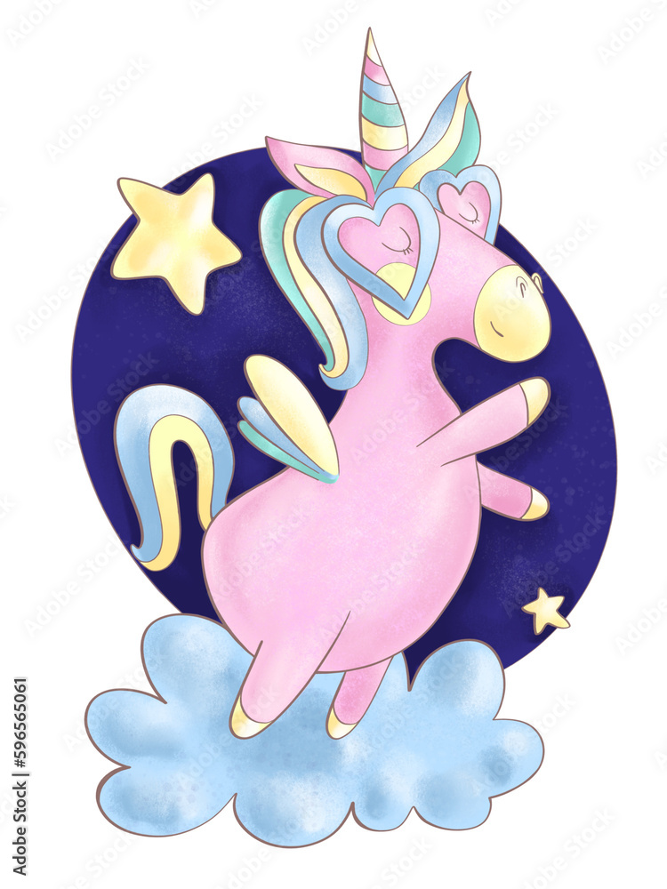 illustration colored cute characters cartoon childish style fairy tale unicorn pink coloring page for print and media postcard cover on white background