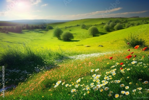 Beautiful natural spring summer landscape of a flowering meadow in a hilly area on a bright sunny day. Many flowers in a field in green grass. Small zone of sharpness © Sazib