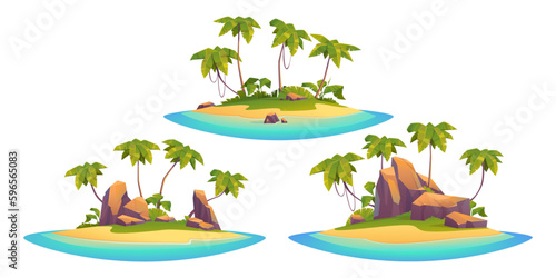Uninhabited tropical isle cartoon scene set. Tiny sea rock island with palm tree and stone cliff vector clipart isolated on white background. Beautiful exotic sand land coast in ocean asset collection