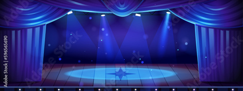 Cartoon theater stage with blue curtains, wooden floor, spotlights. Vector illustration of illuminated scene for music concert, talent show premiere, school play, art performance. Entertainment venue