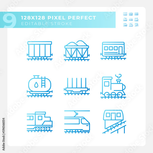 Railway logistics pixel perfect gradient linear vector icons set. Rail freight transport. Train wagon. Thin line contour symbol designs bundle. Isolated outline illustrations collection